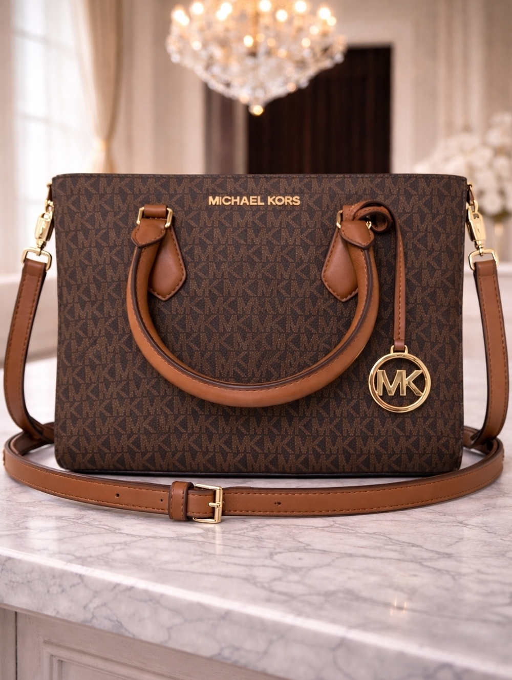 Michael Kors Sheila Satchel Brown MK Monogram Crossbody Bag Gold Charm NWOT